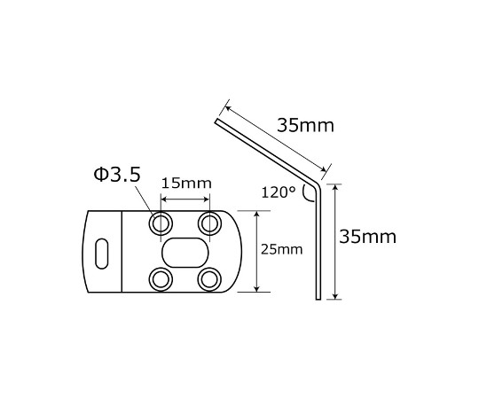 補助金具ステンレス　L型　斜め　長さ35×35mm 金属製のL型補助具が斜めに配置され、表面が光沢を放っている状態