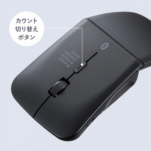 静音Bluetooth5.0　IR　LEDマウス(3ボタン・薄型)　ブラック　1個 薄型のマウスが正面から見える状態、ボタンが3つ配置されたデザイン。
