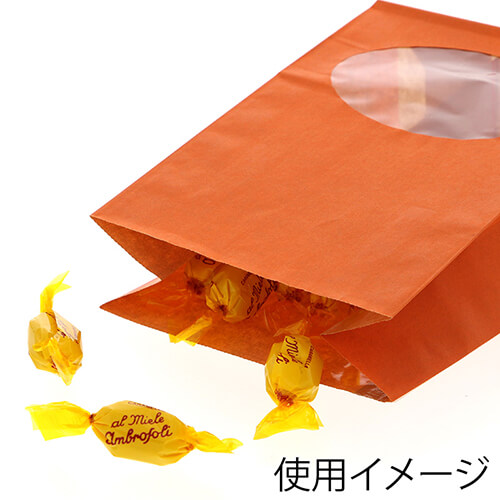 角底袋（窓付き・オレンジ・幅120×マチ65×高175mm) 正面を向けて立てた一枚、中央の透明窓と底マチがはっきり見えるオレンジ色のパッケージ
