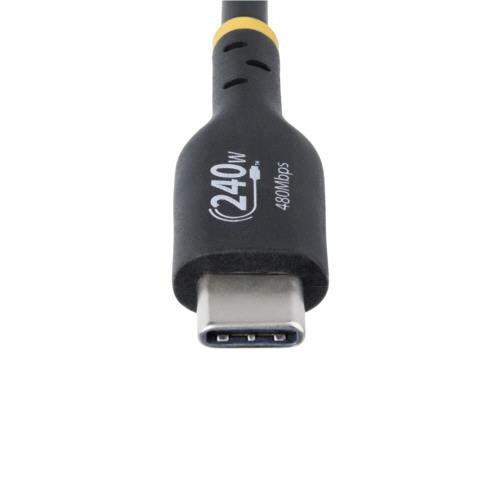 USB-C充電ケーブル　4m　オス・オス　ブラック　1本 横向きに置かれた黒い4mの充電ケーブルが、端子側を上向きにしている様子