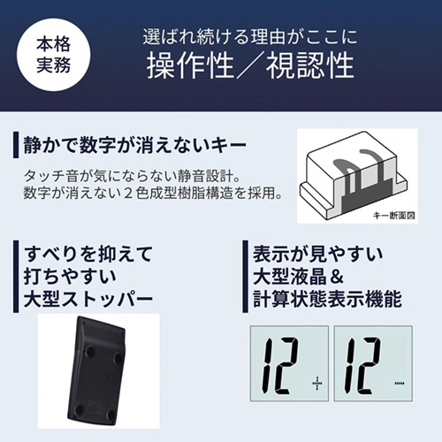 本格実務電卓　12桁　ジャストタイプ　ブラック　1台 電卓の正面が鮮明に映し出され、ブラックのボディが際立つ様子