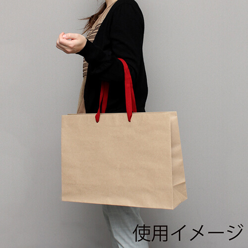 ファッションバッグ（茶・アクリル紐・幅450×マチ135×高さ320mm） 正面に立てられた茶色のバッグ1点、アクリル紐が前方に垂れている様子