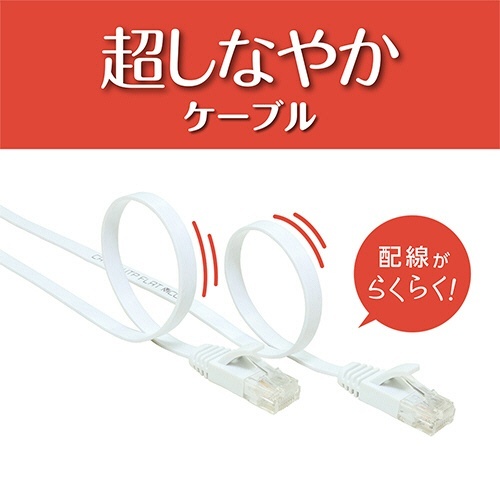 ミヨシ CAT.6A LANケーブル フラット ホワイト 3m 1本 フラットなホワイトのケーブルが平らに配置された状態、端が鮮明に見える。