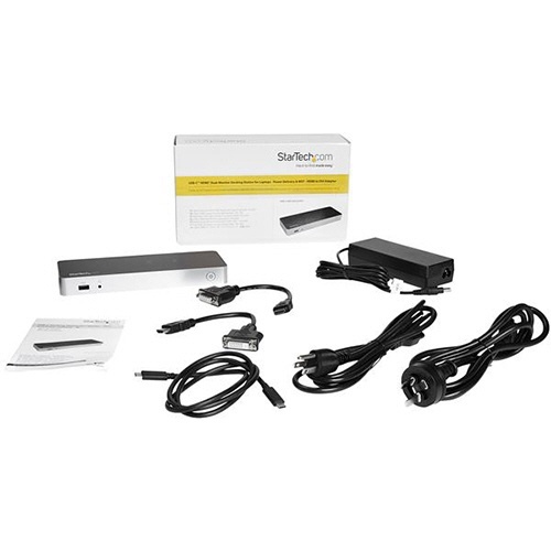 デュアルモニタ対応USB-C接続ドック　4K対応　MST対応のWindows　PCで使用　1台 接続ポートが正面に配置されたドックのクローズアップ、背面には冷却用の通気口が見える状態