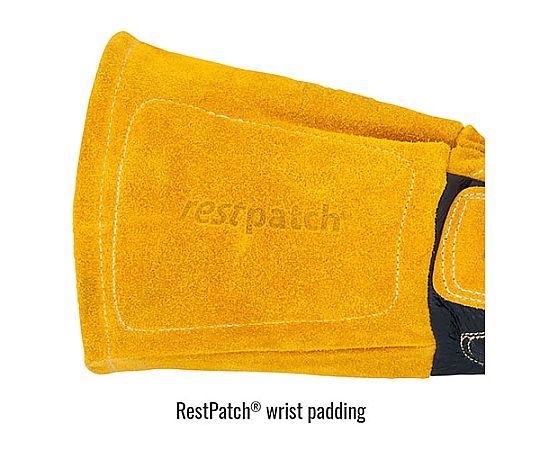 [L] 溶接用革手袋(耐切創) 革製の手袋が正面から見える状態、手首部分には調節可能なストラップ付き