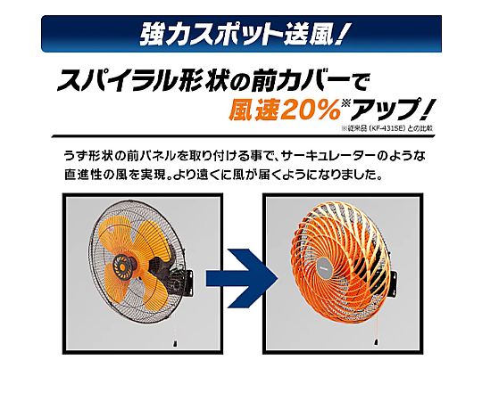 AC100V･ 95W/ 435mm 工場扇(壁掛型) 壁に取り付けられた扇風機の全体像とマウント部分が見える状態