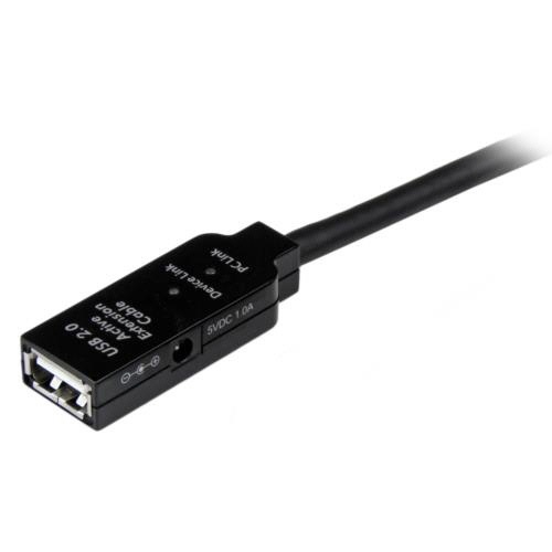USB2.0アクティブ延長ケーブル　Type　A(オス)-Type　A(メス)　5m　ブラック　1本 コネクタ部分が明瞭に見える斜めのアングルでの撮影