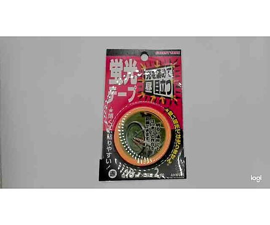 蛍光テープ　赤　幅18mm×長さ2m 明るい赤色のテープが巻かれた状態で、ゆったりと広がっている様子。