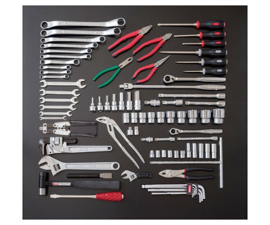 整備用工具セット ツールセット 差込角9.5mm 12.7mm 86点セット レッド 様々な工具が整然と並べられた状態