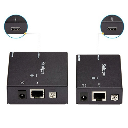 Cat5ケーブル対応HDMIエクステンダー延長器　HDBaseT規格対応　1台 黒い筐体のエクステンダーが斜め上から見える状態