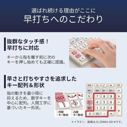 本格実務電卓 検算 DS-10WKA-N 正面から撮影された電卓で、ボタンが並び、液晶画面が表示されている様子