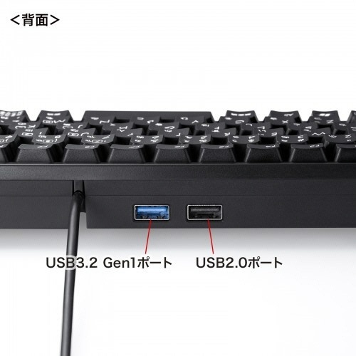 USBハブ付コンパクトキーボード(USB3.2ポート・USB2.0ポート付き)　テンキーなし　ブラック　1台 上部から見たスタイリッシュなブラックのキーボード、USBポートが確認できる。