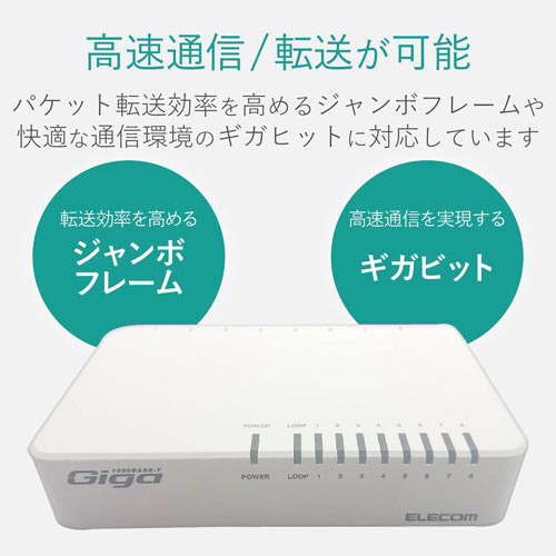 ギガスイッチングハブ プラスチック 電源外付 外側が黒く、手前に電源ケーブルが見えるデザイン