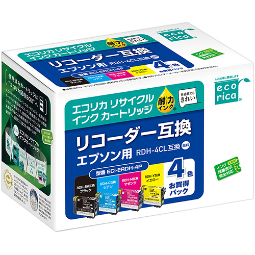 ﾘｻｲｸﾙｲﾝｸｶｰﾄﾘｯｼﾞ4色ﾊﾟｯｸ [ｴﾌﾟｿﾝ:RDH-4CL/ﾘｺｰﾀﾞｰ互換] 1箱(4個:各色1個)画像