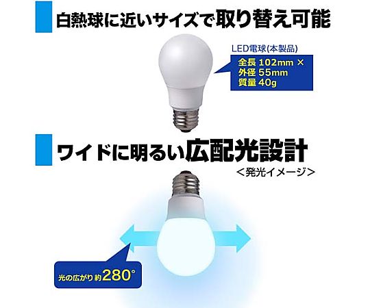 AC100V/4.6W/E26/電球/LED(昼光色) 透明なガラス製の電球が明るく輝いている様子