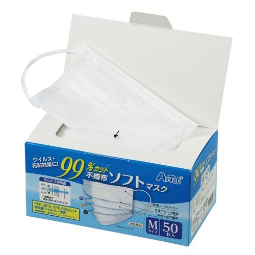 サージカルマスク 99％カット不織布ソフトマスク(50枚入) Mサイズ アーテック パッケージの上部が見える角度で撮影された商品