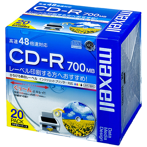 ﾃﾞｰﾀ用CD-R 700MB 2-48倍速 ﾎﾜｲﾄﾜｲﾄﾞﾌﾟﾘﾝﾀﾌﾞﾙ 5mmｽﾘﾑｹｰｽ 1ﾊﾟｯｸ(20枚)