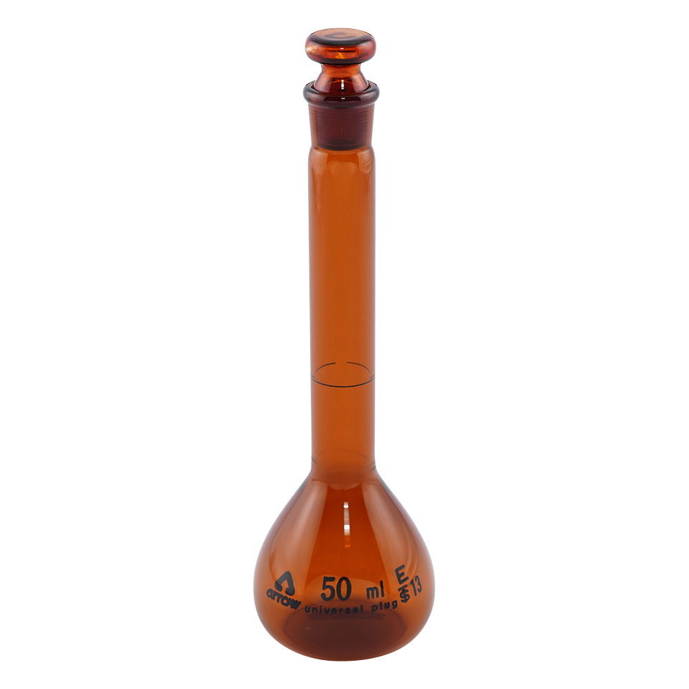 透明摺りメスフラスコ（硬質ガラス製） 茶 50mL画像