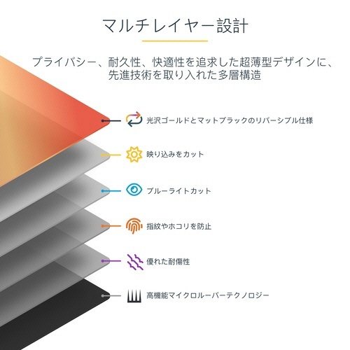 のぞき見防止プライバシーフィルター　15.6型ノートPC/アスペクト比16:9　ゴールド仕上げ　1枚 透明フィルムの上面を写した、光沢のあるゴールド仕上げ