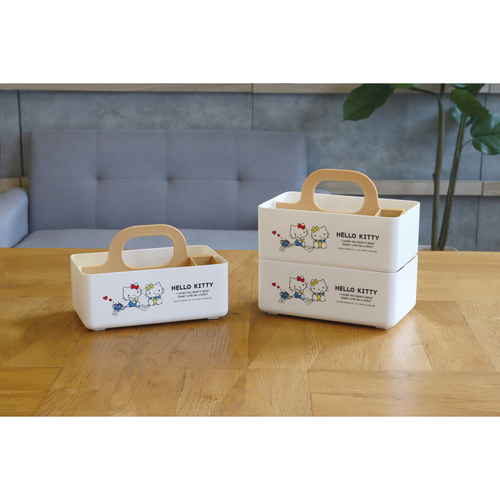 収納ボックス　ミニモッテケース　サンリオ　小物入れ　幅20.7×奥行12.5×高さ13.5cm　ハローキティ カラフルなデザインの小物入れが正面から見える状態