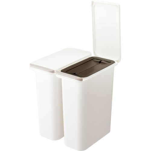 ゴミ箱　中フタ付き　臭わない　開けても防臭　パッキン付き　21L　スリム　ホワイト 中フタが開いた防臭機能付きのスリムなゴミ箱の正面全体