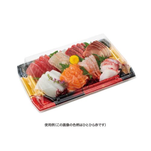刺身容器 堤盛 30-18B 凍結銀 リスパック 透明なプラスチック容器に盛り付けられた刺身が並ぶ様子