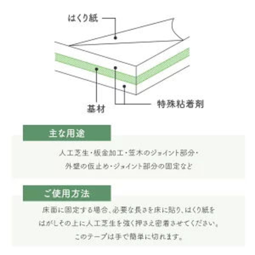 両面テープ 人工芝テープ 40mm×10m巻 パッケージの上面が見える状態で、テープの長さが確認できる配慮されたデザイン