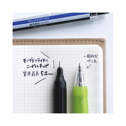 モノグラフライト05 Sブルー軸 黒 5本 透明なケースに収められた、先端が青色の5本の筆記具が立てられている様子