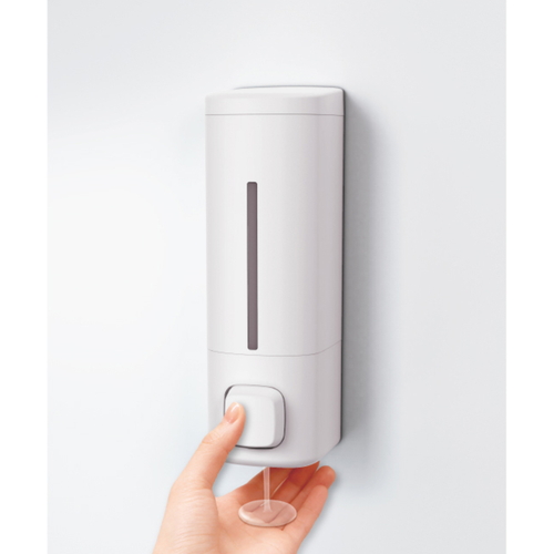 ラックス　ディスペンサー　550ml　マグネット　ホワイト シンプルなデザインのホワイトディスペンサーが正面から見える状態。