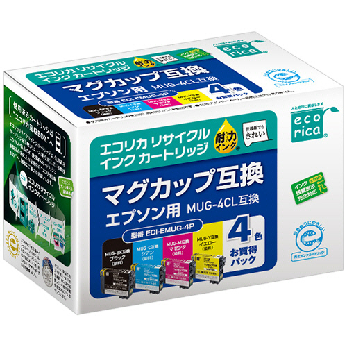 ﾘｻｲｸﾙｲﾝｸｶｰﾄﾘｯｼﾞ 4色ﾊﾟｯｸ[ｴﾌﾟｿﾝ:MUG-4CL/ﾏｸﾞｶｯﾌﾟ互換] 1箱(4個:各色1個)画像