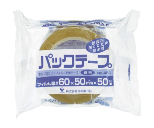 パックテープ　NO.451　#60　透明　50mmX50M 透明なテープがロール状で置かれ、テープの繊維質な構造が見える状態