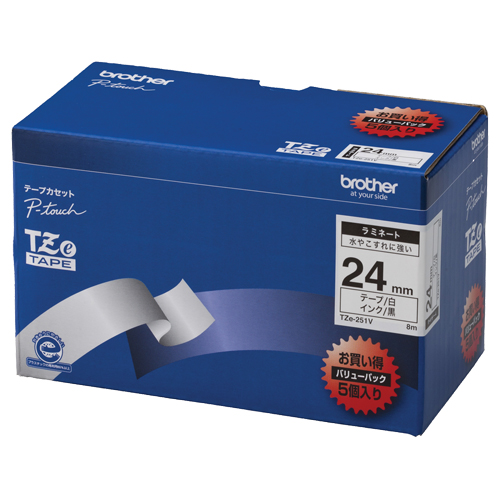 ピータッチ TZeテープ ラミネートテープ 24mm 白/黒文字 業務用パック 1パック(5個)