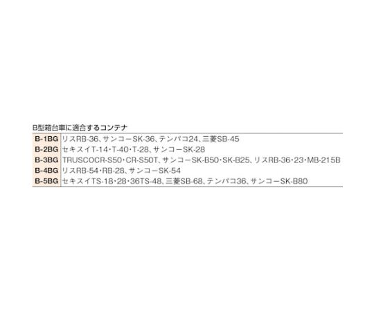 箱台車 内寸550X390 ゴム車 自在ストッパー付X2 箱台車が正面から見える状態で、ゴム車と自在ストッパーが確認できる。