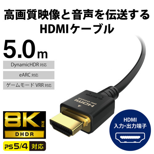 HDMI ケーブル HDMI2.1 5m ケーブルが平らに伸びている様子、両端に金属接続部が見える状態