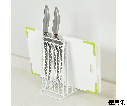120x115x225mm まな板･包丁スタンド(鉄製) まな板と包丁がすっきりと収まった鉄製のスタンドが正面から見える状態