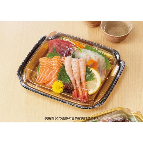刺身容器 バイオ 華ノ枠 20-17B ゆう箔銀 リスパック 透明な容器に盛られた色鮮やかな刺身が並ぶ様子