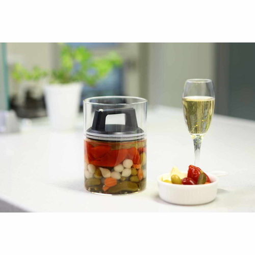 保存容器 1.3L 密閉 ガラスキャニスター エアリデューサー M 密閉のフタがしっかりと閉まった透明なガラス容器の上部からのアングル