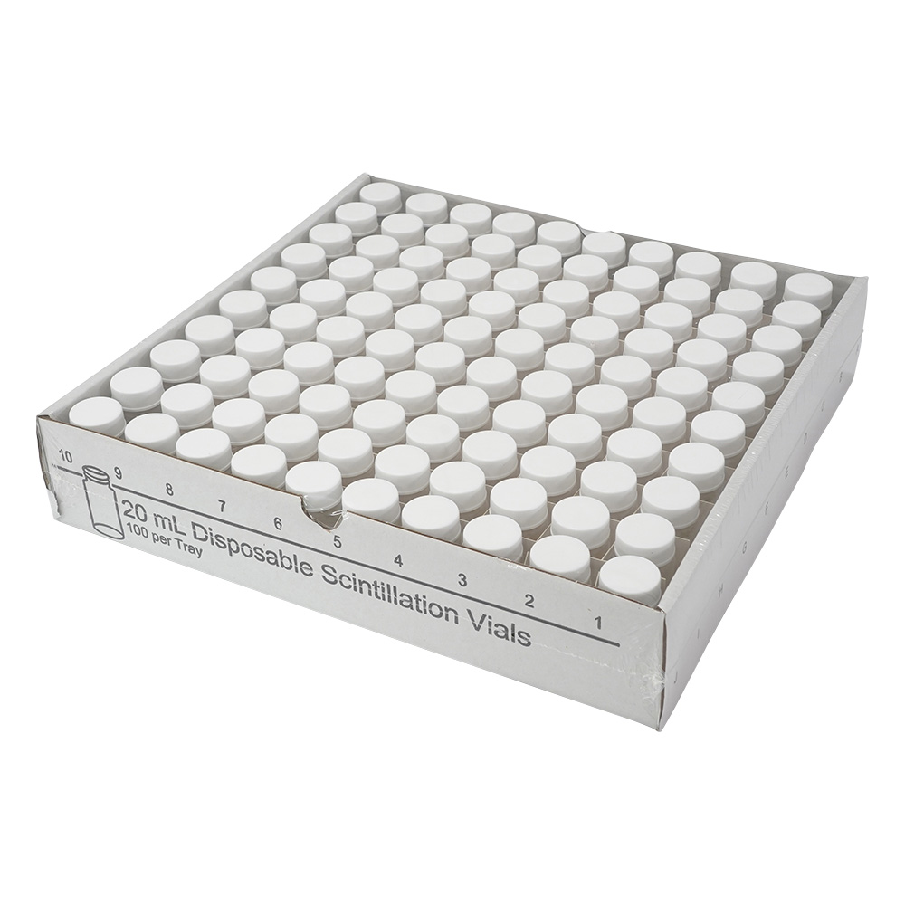 ガラスシンチレーションバイアル （20mL） キャップ付き包装 PPキャップ/パルプ・アルミニウムライナー 1箱（100個×5箱入）画像