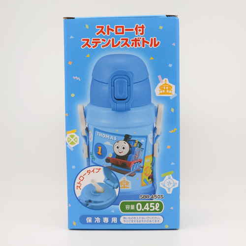 水筒　ストロー付ステンレスボトル　きかんしゃトーマス ストローが付いた状態で前面が見える角度で撮影されたボトル