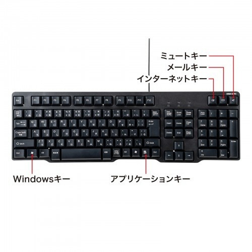 PS/2キーボード　ブラック　1台 キーボードの上部が正面から見える状態で、キーがはっきりと確認できる。