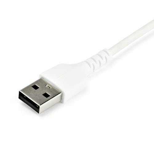 USB　A-USB　Cケーブル　1m　アラミド繊維補強　ホワイト　1本 白いアラミド補強のケーブルが床に直線的に置かれた状態