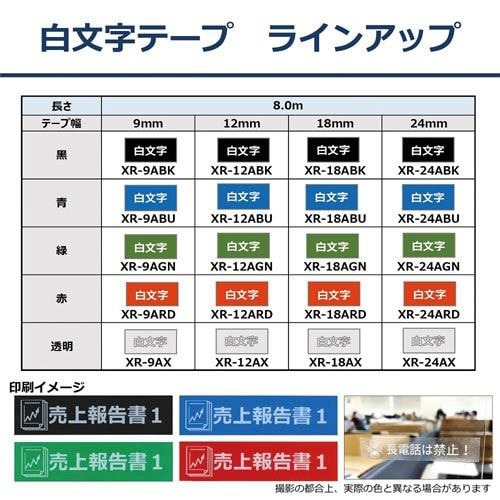 ネームランド　緑色テープ　24mm　白文字 テープの表面に白文字が印刷された緑色の巻き。