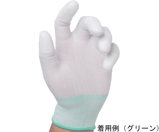 ウレタン指先コート手袋 ホワイト 10双組 M パッケージの正面がはっきりと見える状態で、手袋の品質表示が確認できる。