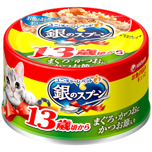 銀のｽﾌﾟｰﾝ缶 13歳頃から まぐろ･かつおにかつお節入り 70g 1ｾｯﾄ(6個)画像