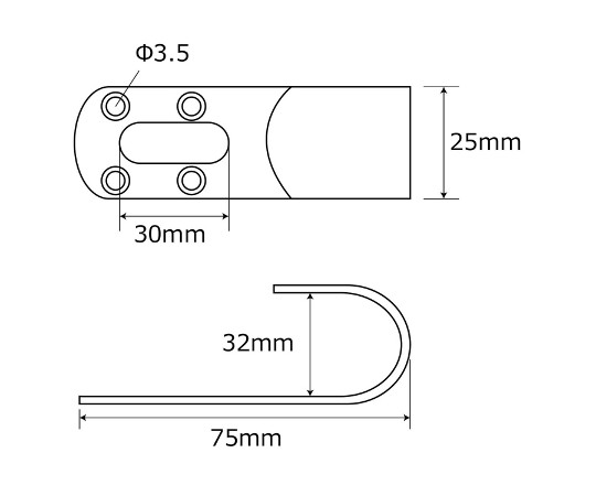 補助金具ステンレス　J型　32×75mm 金属製のJ型金具が横向きに配置されている状態