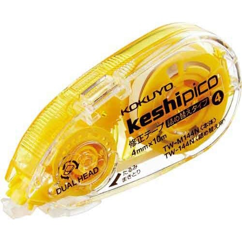 修正テープケシピコ　詰替タイプ本体　幅4mm 透明な本体が特徴的な詰替え用の修正テープ、幅やテープの色が確認できる角度で撮影されている。