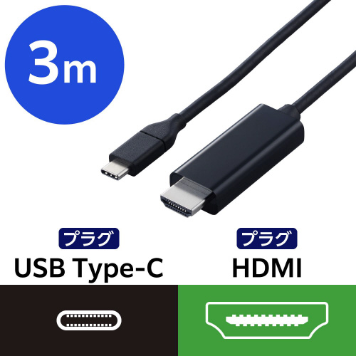 TypeC-HDMI変換ケーブル3m やわらか 黒 柔らかい素材で曲がりやすいケーブルが、黒い背景に置かれている様子