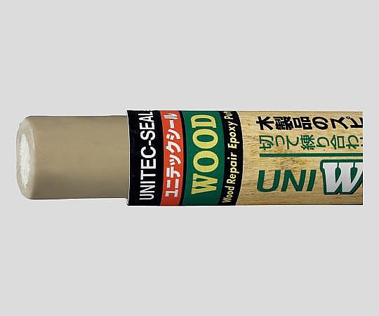 ユニテック　エポキシパテ　木部補修用 白いパッケージに青いラベルが貼られた状態、側面には使用方法が説明されている。