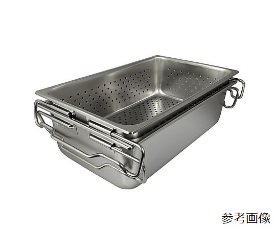 18-8 給食バット 穴明 1/1サイズ H100mm 穴が開いた底部が確認できる、外側が光沢のある金属製のバット