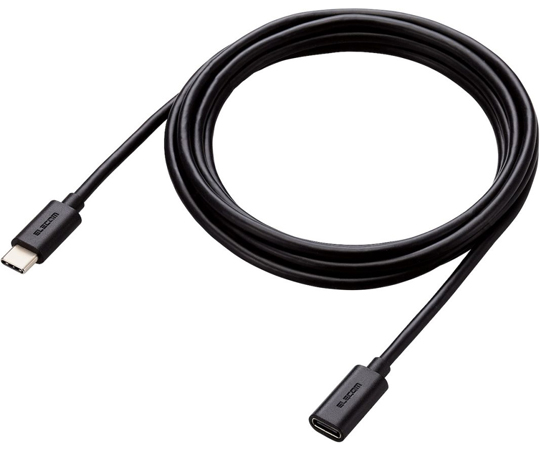USB2.0延長ケーブル　C-Cメスタイプ　USB　Power　Delivery対応　ノーマル　2.0m　ブラック ケーブルのコネクタ部分がアップで映され、シンプルなデザインが強調されている様子